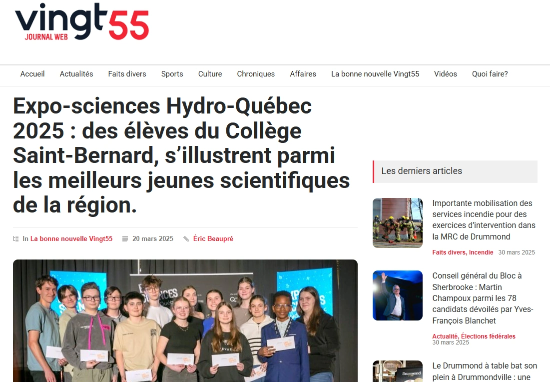 Projet HELIOS mis en lumière par Vingt55 parmi les meilleurs projets de l'Expo-sciences